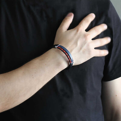 Combined Men's Bracelet Made Of Steel And Leather Straw Design İn Red And Navy Blue