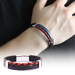 Combined Men's Bracelet Made Of Steel And Leather Straw Design İn Red And Navy Blue - Thumbnail