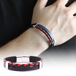 Combined Men's Bracelet Made Of Steel And Leather Straw Design İn Red And Navy Blue