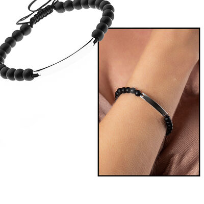 Combined Silver Onyx Bracelet With Natural Stone And Steel With İndividual Written Name