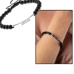 Combined Silver Onyx Bracelet With Natural Stone And Steel With İndividual Written Name - Thumbnail