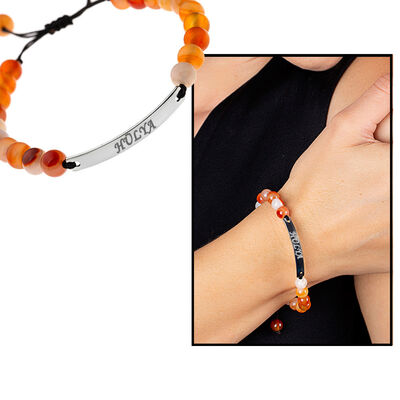 Combined Unisex Alaca Agate Natural Stone And Steel Bracelet With Personalized Name