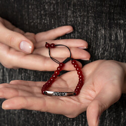 Combined Unisex Bracelet İn Steel With Red Agate And Natural Stone, With Personalized Name Writing - Thumbnail