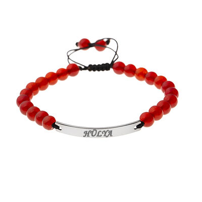Combined Unisex Bracelet İn Steel With Red Agate And Natural Stone, With Personalized Name Writing