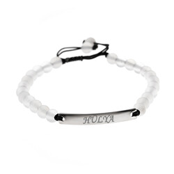 Combined Unisex White Agate Natural Stone And Steel Bracelet With Personalized Name - Thumbnail