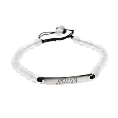 Combined Unisex White Agate Natural Stone And Steel Bracelet With Personalized Name