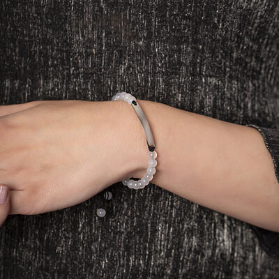 Combined Unisex White Agate Natural Stone And Steel Bracelet With Personalized Name