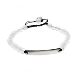 Combined Unisex White Agate Natural Stone And Steel Bracelet With Personalized Name - Thumbnail