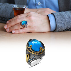 Compact Prince Ring İn 925 Sterling Silver With Faceted Aquazircon Stone - Thumbnail