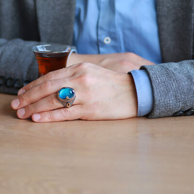 Compact Prince Ring İn 925 Sterling Silver With Faceted Aquazircon Stone - 2