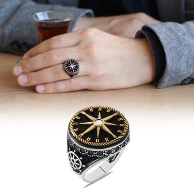 Compass Design Side Sides Black Zircon Stone 925 Sterling Silver Men Ring - 1