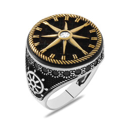 Compass Design Side Sides Black Zircon Stone 925 Sterling Silver Men Ring - 3