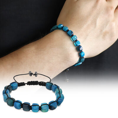 Cube-Cut Blue Agate Bracelet With Natural Macrame Stone - 1