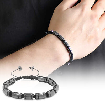 Cylindrical Cut Macrame Bracelet With Black Hematite From Natural Stone - 1