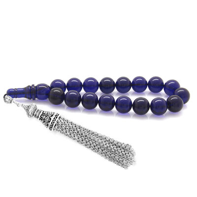 Dark Blue Squeeze Amber Efe Prayer Beads With Metallic Tarnishing Brush