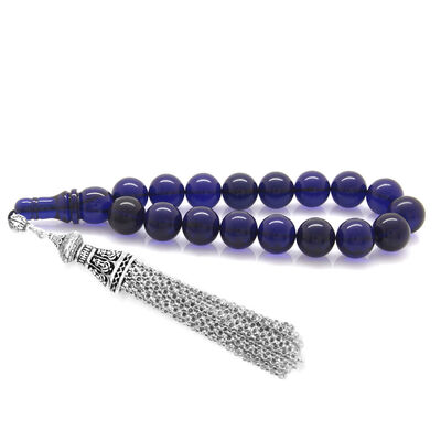 Dark Blue Squeeze Amber Efe Prayer Beads With Metallic Tarnishing Brush - 1