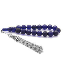 Dark Blue Squeeze Amber Efe Prayer Beads With Metallic Tarnishing Brush - Thumbnail