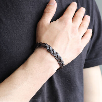 Dark Brown Combination Men's Leather And Steel Bracelet With Straw Design