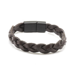 Dark Brown Combination Men's Leather And Steel Bracelet With Straw Design - Thumbnail