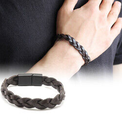 Dark Brown Combination Men's Leather And Steel Bracelet With Straw Design