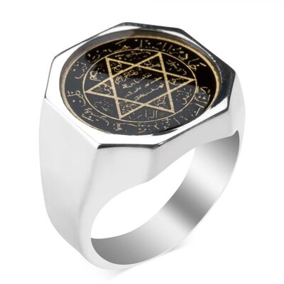 Diagonal Silver Ring With The Seal Of Solomon - 1