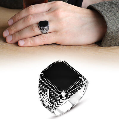 Dots Embroidered Tugra Motif Men's Ring With Black Onyx And Stone 925 Sterling Silver - 1
