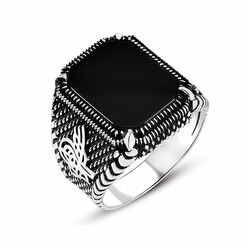 Dots Embroidered Tugra Motif Men's Ring With Black Onyx And Stone 925 Sterling Silver - Thumbnail