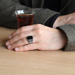 Dots Embroidered Tugra Motif Men's Ring With Black Onyx And Stone 925 Sterling Silver - Thumbnail