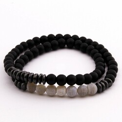 Double-Row Bracelet For Women Made Of Agate, Hematite And Onyx With A Cut Sphere Made Of Natural Stone - Thumbnail