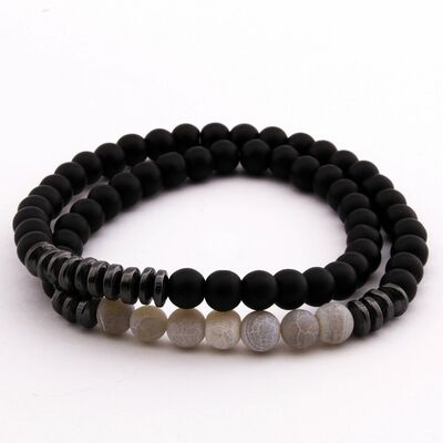Double-Row Bracelet For Women Made Of Agate, Hematite And Onyx With A Cut Sphere Made Of Natural Stone