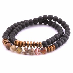 Double-Row Bracelet For Women Made Of Onyx, Hematite And Agate With Natural Stone And Sphere - Thumbnail