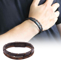 Double Row Brown Combined Steel And Leather Men's Bracelet With Spiral Design - Thumbnail