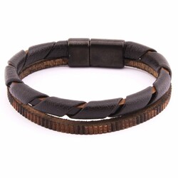 Double Row Brown Combined Steel And Leather Men's Bracelet With Spiral Design - Thumbnail