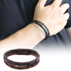 Double Row Brown Combined Steel And Leather Men's Bracelet With Spiral Design
