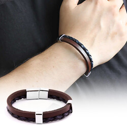 Double-Row Combination Bracelet For Men İn Steel And Leather With Straw Design, Black-Brown - Thumbnail