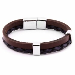 Double-Row Combination Bracelet For Men İn Steel And Leather With Straw Design, Black-Brown - Thumbnail
