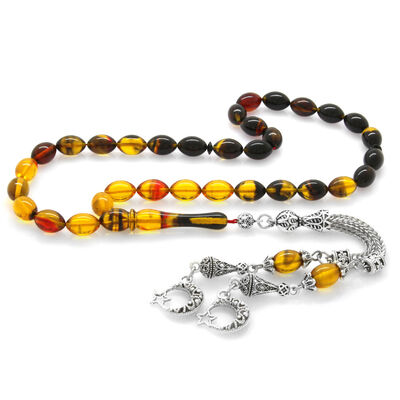 Dull Metal Ayyildiz Tasseled Barley Cut Filtered Bala-Black Fire Amber Tasbih - 2