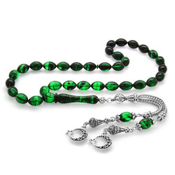 Dull Metal Ayyildiz Tasseled Barley Cut Filtered Green-Black Fire Amber Tasbih - 2