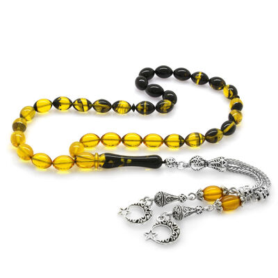 Dull Metal Ayyildiz Tasseled Barley Cut Filtered Yellow-Black Fire Amber Tasbih - 2