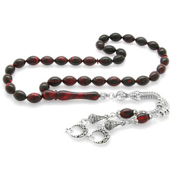 Dull Metal Ayyildiz Tasseled Barley Cut Red-Black Fire Amber Tasbih - 2