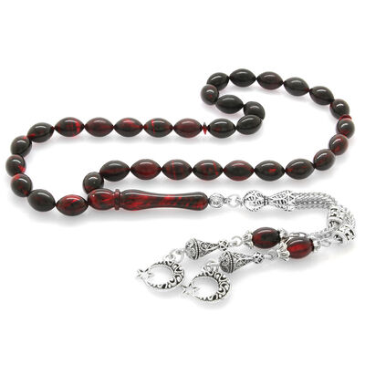 Dull Metal Ayyildiz Tasseled Barley Cut Red-Black Fire Amber Tasbih - 2