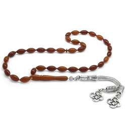 Dull Metal Double Kazaz With Barley Tassels Brown Pressed Amber Rosary - Thumbnail