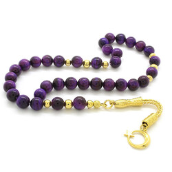 Dull Metal Gold Ayyildiz Tasseled Globe Cut Purple Tiger Eye Natural Stone Tasbih - 1