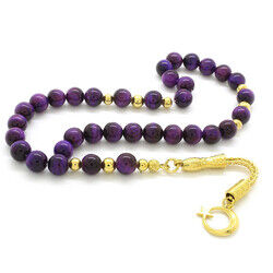 Dull Metal Gold Ayyildiz Tasseled Globe Cut Purple Tiger Eye Natural Stone Tasbih - 3