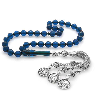 Dull Metal Mecidiye Tasseled Istanbul Cut Dark Blue Pleated Amber Rosary - 2