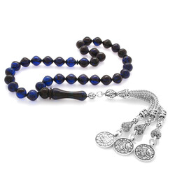 Dull Metal Mecidiye Tasseled Istanbul Cut Filtered Blue-Black Pressed Amber Rosary - Thumbnail