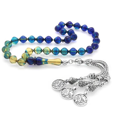 Dull Metal Mecidiye Tasseled Istanbul Cut Filtered Blue-White Fire Amber Tasbih - 2