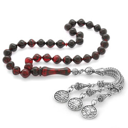 Dull Metal Mecidiye Tasseled Istanbul Cut Filtered Red-Black Fire Amber Tasbih - 2