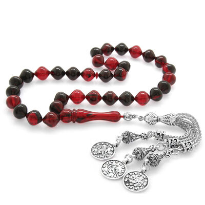 Dull Metal Mecidiye Tasseled Istanbul Cut Red-Black Fire Amber Tasbih - 2