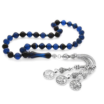 Dull Metal Prayer Beads Mecidiye Tasseled Istanbul Cut Blue-Black Squeezed Amber Prayer Beads - 2